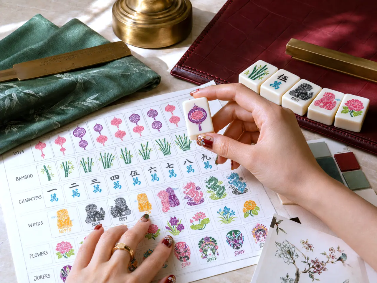 Designer reviewing custom American Mahjong artwork and a finished tile sample